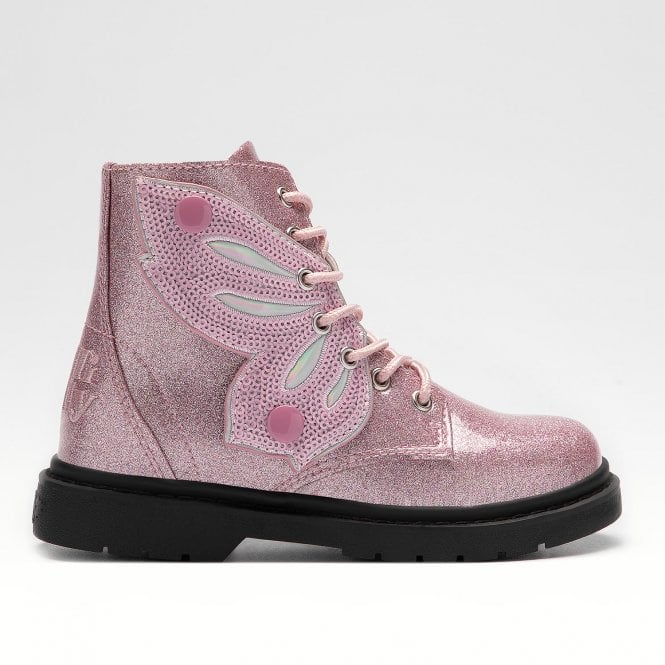 Scarpe Lelli Kelly - Modello Anfibio Ali Di Fata, Vernice Nero, Suola In Gomma, Chiusura Con Stringhe